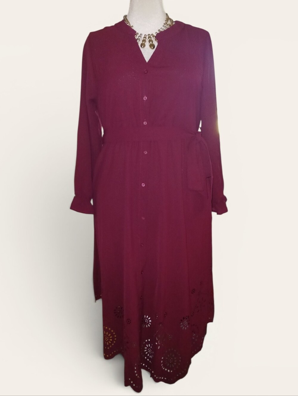 BloomChic Button-Front Belted Dress W/Eyelet Detail, Maroon Size 14-16/1X